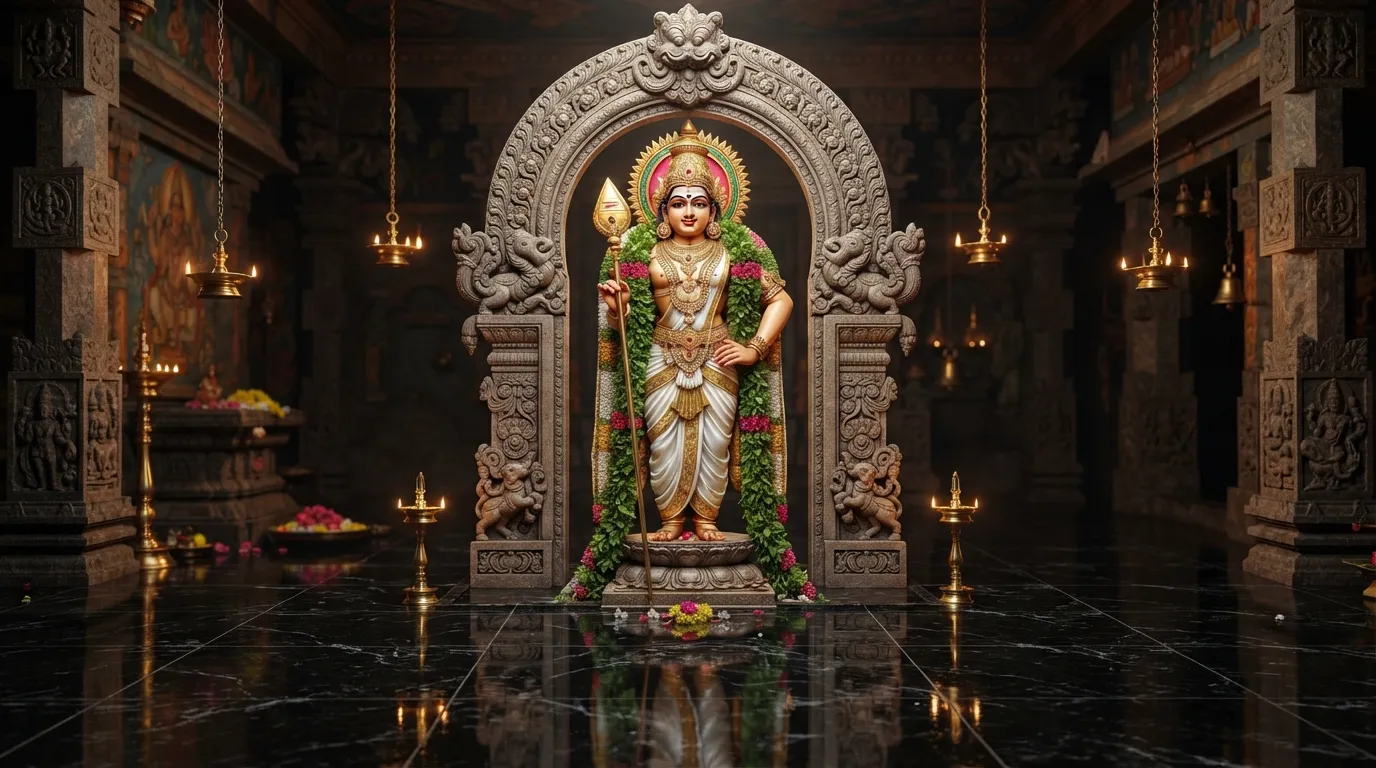 A standing warrior deity holding a golden spear positioned under a grand beautifully carved stone archway inside a sanctuary.