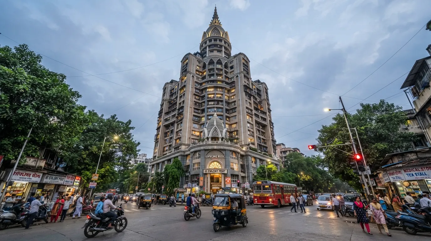 A street view perspective looking up at the Shivling Building in IC Colony Borivali.