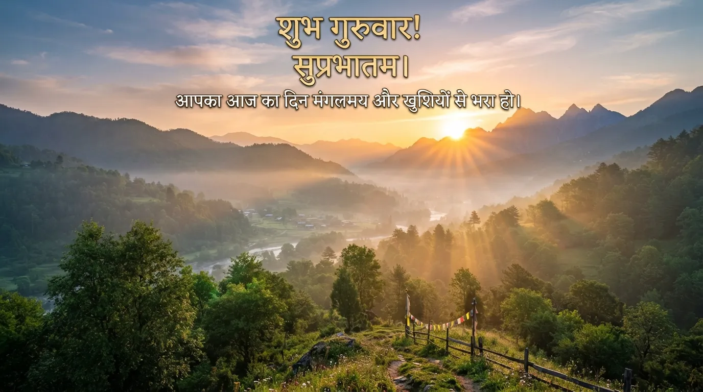 Beautiful sunrise over a misty green hill with Hindi Good Morning Thursday wishes.