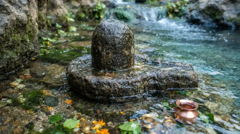 This is a close-up image of the Rajmachi Shivling fully submerged in water, showing the water droplets on the surface.