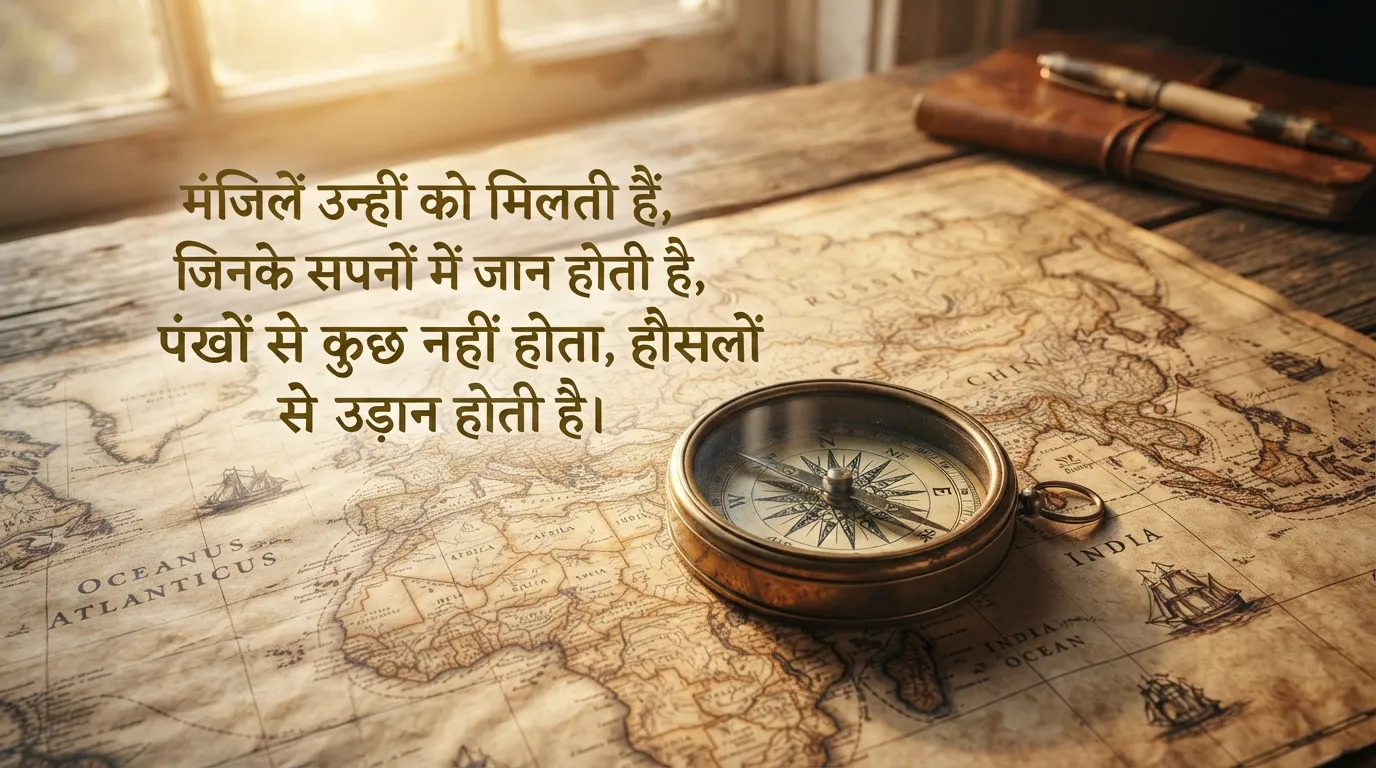A beautiful compass on a map with morning sunlight and Hindi positive mindset quote.