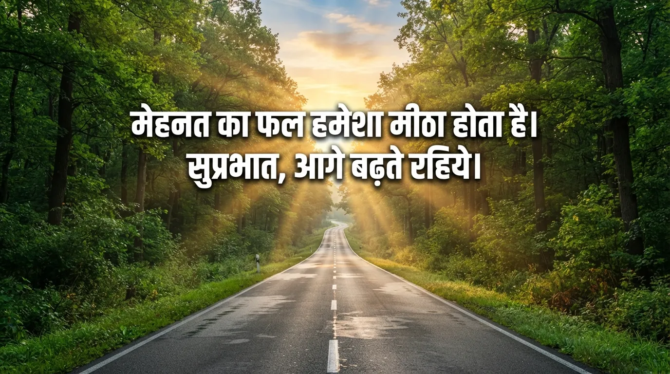 Long empty green road in the morning with success motivational Hindi quote.