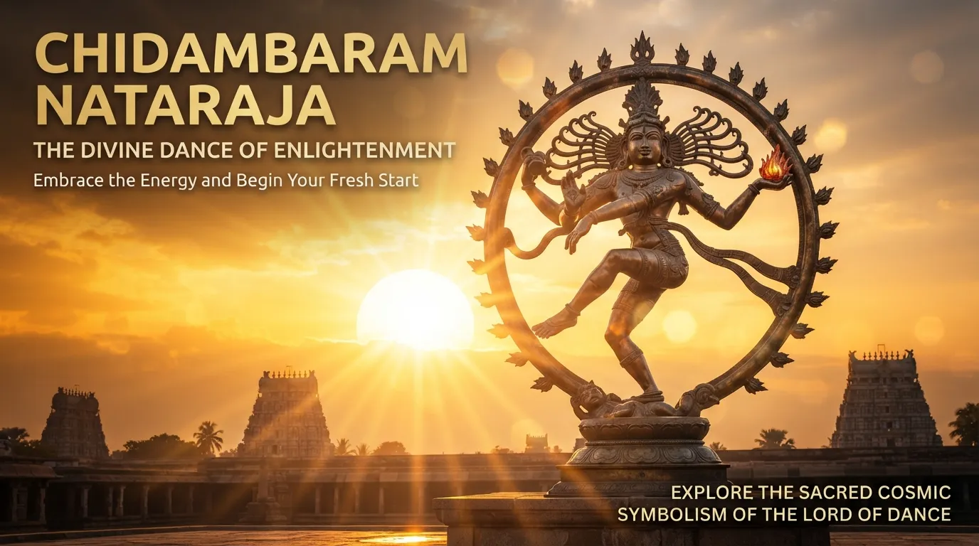 Lord Nataraja statue positioned against a powerful morning sunrise with bright sunbeams.