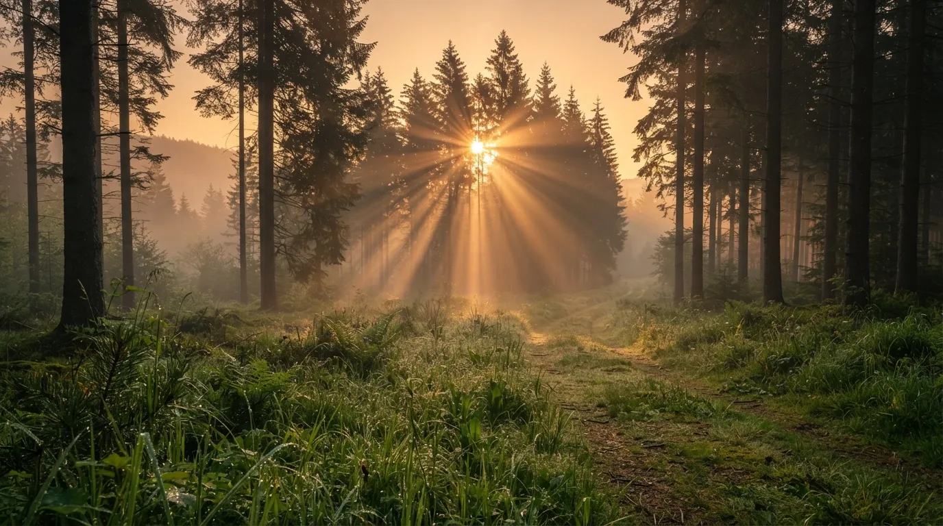 Golden sun rays piercing through a misty green forest at dawn creating a peaceful morning scene.