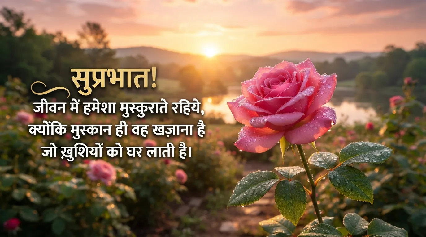 Good morning images with quotes in hindi featuring a fresh rose and sunrise.