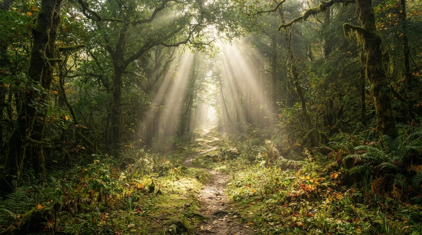 Sunbeams streaming through a forest pathway during a beautiful sunrise.