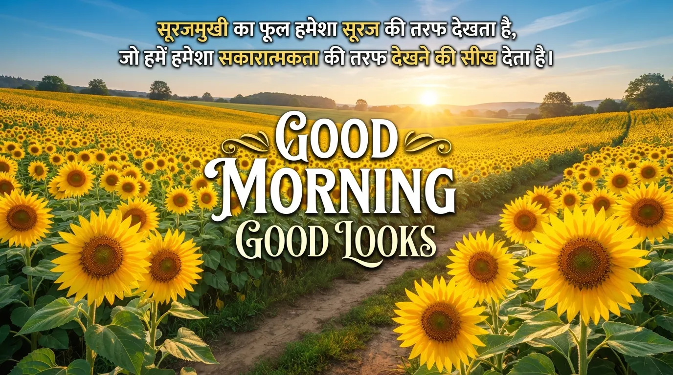 Bright sunflower field good morning images with quotes in hindi.