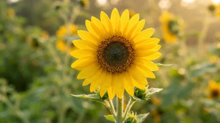 Fresh yellow sunflower with morning dew drops in HD resolution.