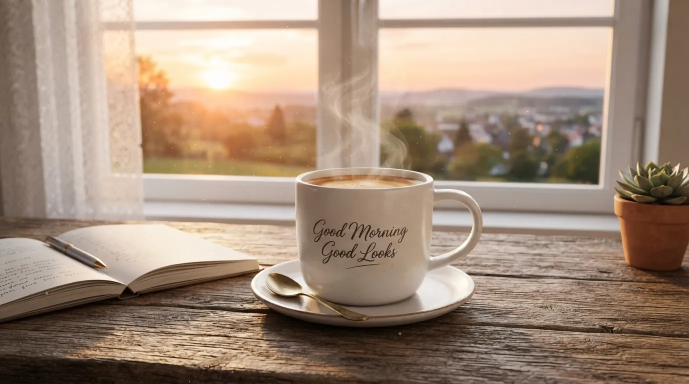 A fresh morning coffee cup with sunrise background and morning quotes.