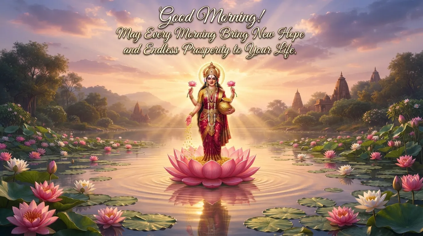 Goddess Laxmi standing on a lotus in a calm pond during golden sunrise