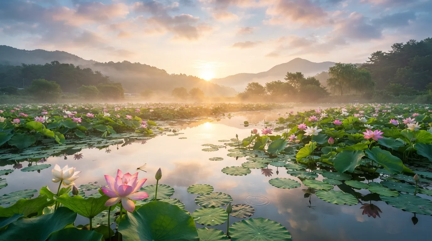 Beautiful morning sunrise over a peaceful pond filled with blooming lotus flowers