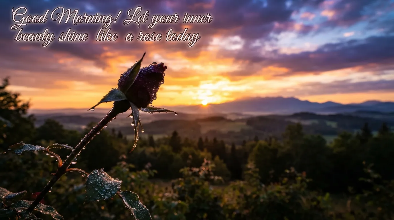 A rose silhouetted against a beautiful morning sunrise with an English quote.