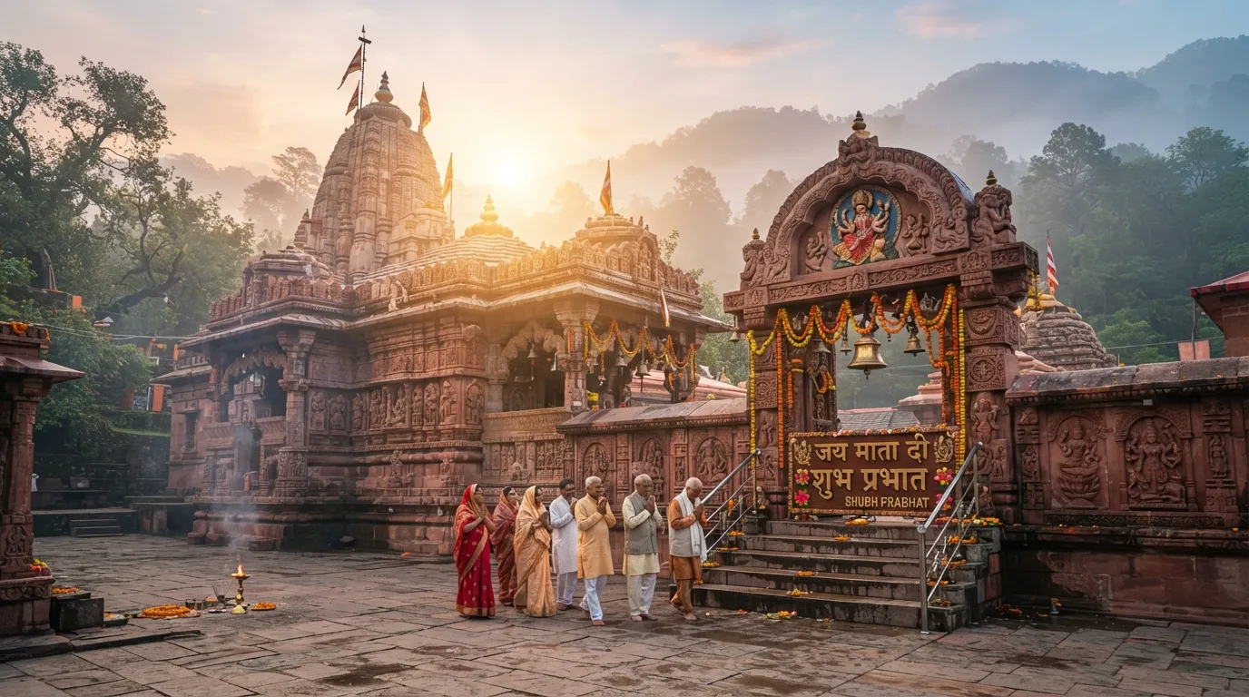 Temple entrance at sunrise with Mata Rani good morning blessings.
