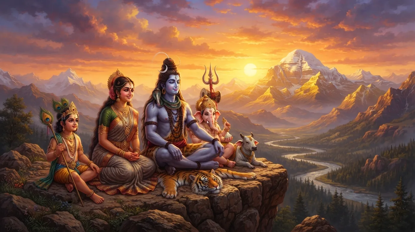 Shiva Parivar sitting together during a beautiful golden sunset