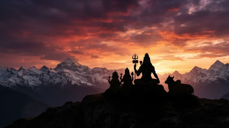 A beautiful sunset silhouette of the Shiva family sitting together against a fiery Himalayan sky.