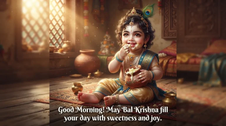 Cute baby Krishna holding a butter pot with a good morning wish. Cute baby Krishna holding a butter pot with a good morning wish.