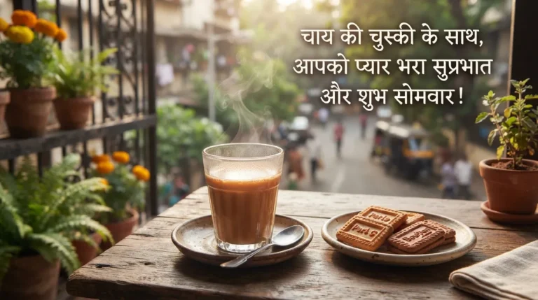 Traditional Indian cutting chai cup with Hindi Monday morning wishes.