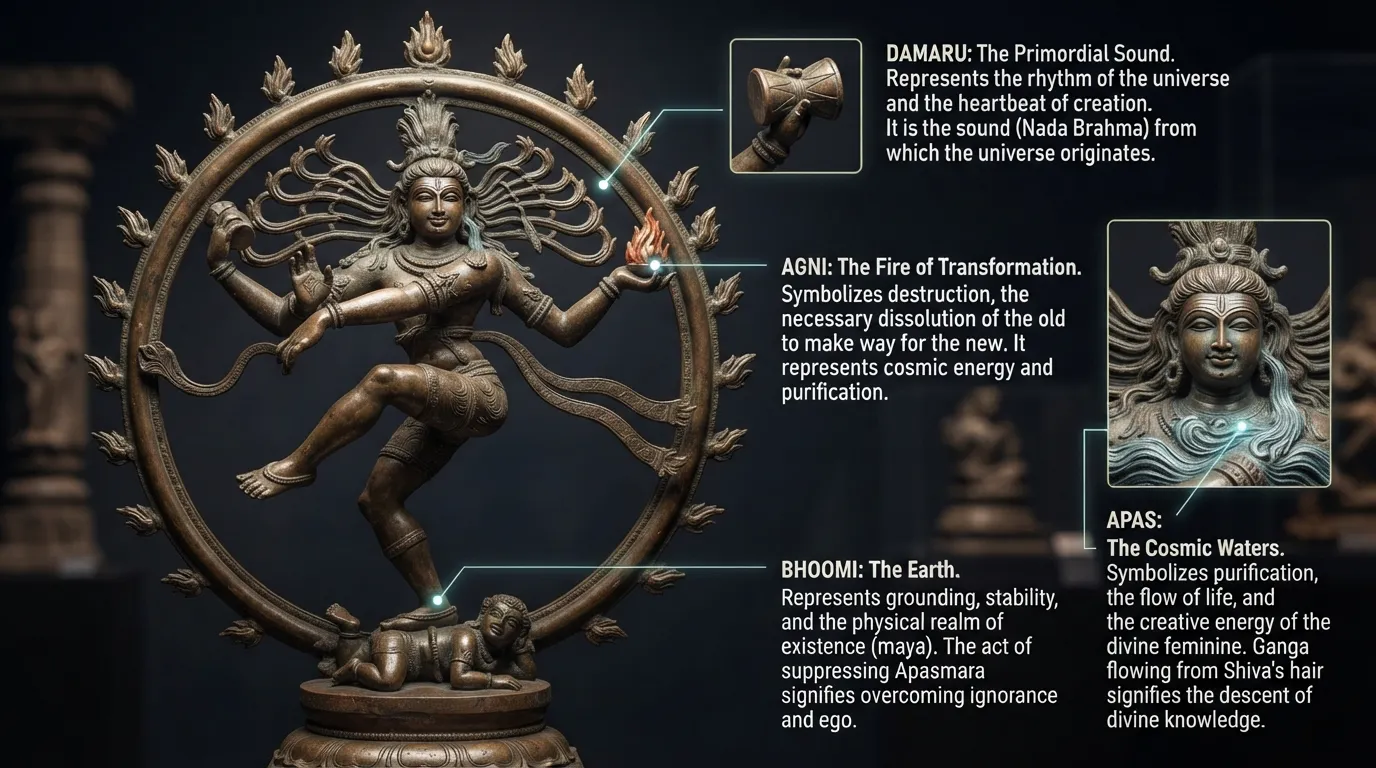 An image of Lord Shiva Nataraja, highlighting the various symbols and their spiritual meanings.