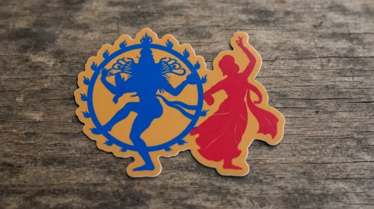 Dynamic sticker art showcasing the rhythmic dance poses of Shiva and Parvati in a minimal format.