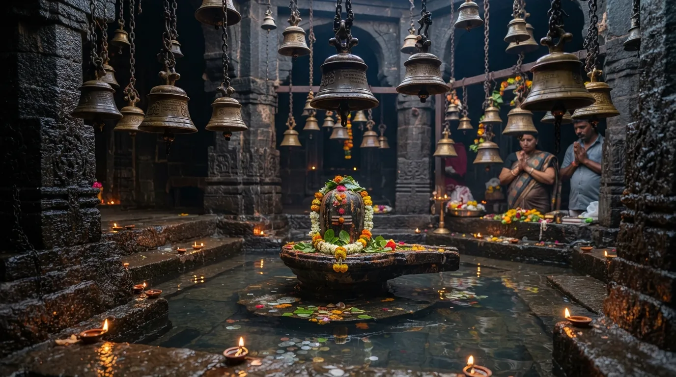 A combination shot of temple bells and the Rajmachi Shivling in water.