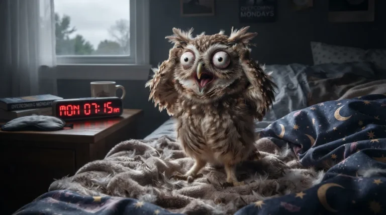 A funny owl looking scared of a Monday morning calendar date.
