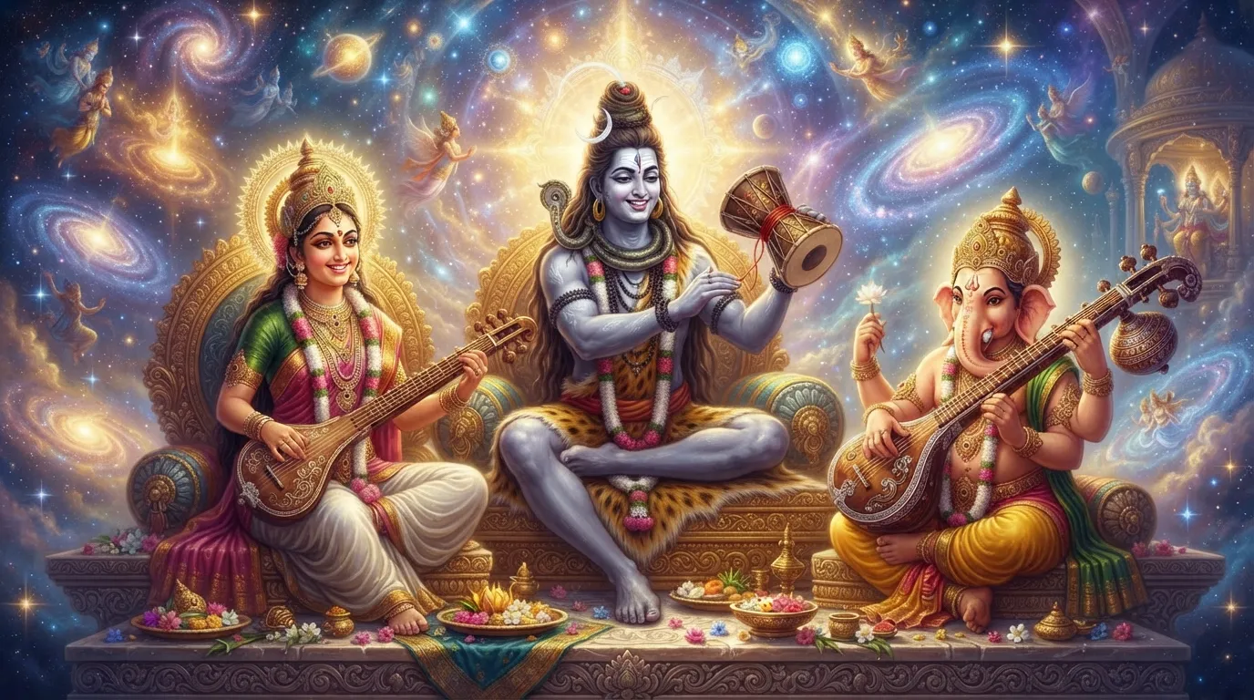 A vibrant and dynamic depiction of Lord Shiva, Goddess Parvati, and Lord Ganesh playing a celestial orchestra, creating cosmic harmony.