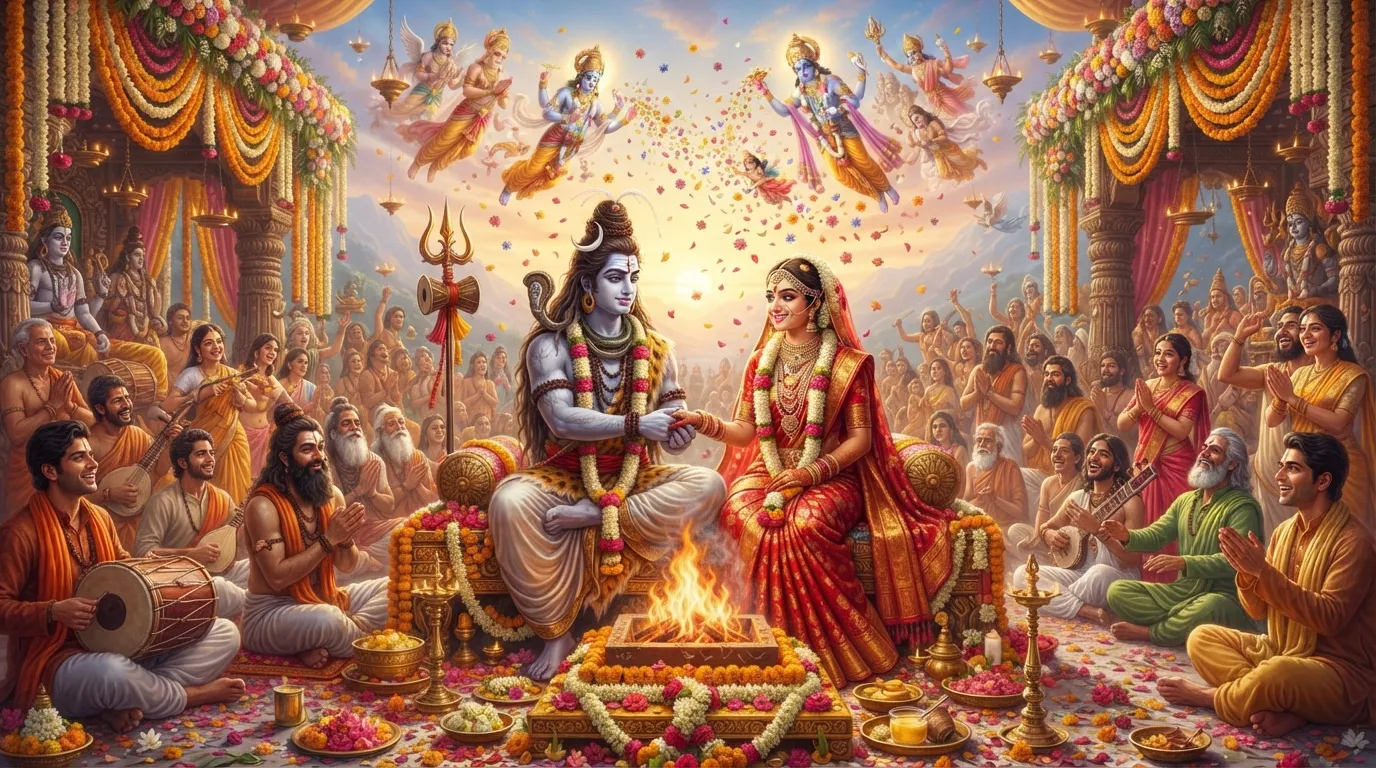 Grand celebratory scene of the wedding of Shiva and Parvati