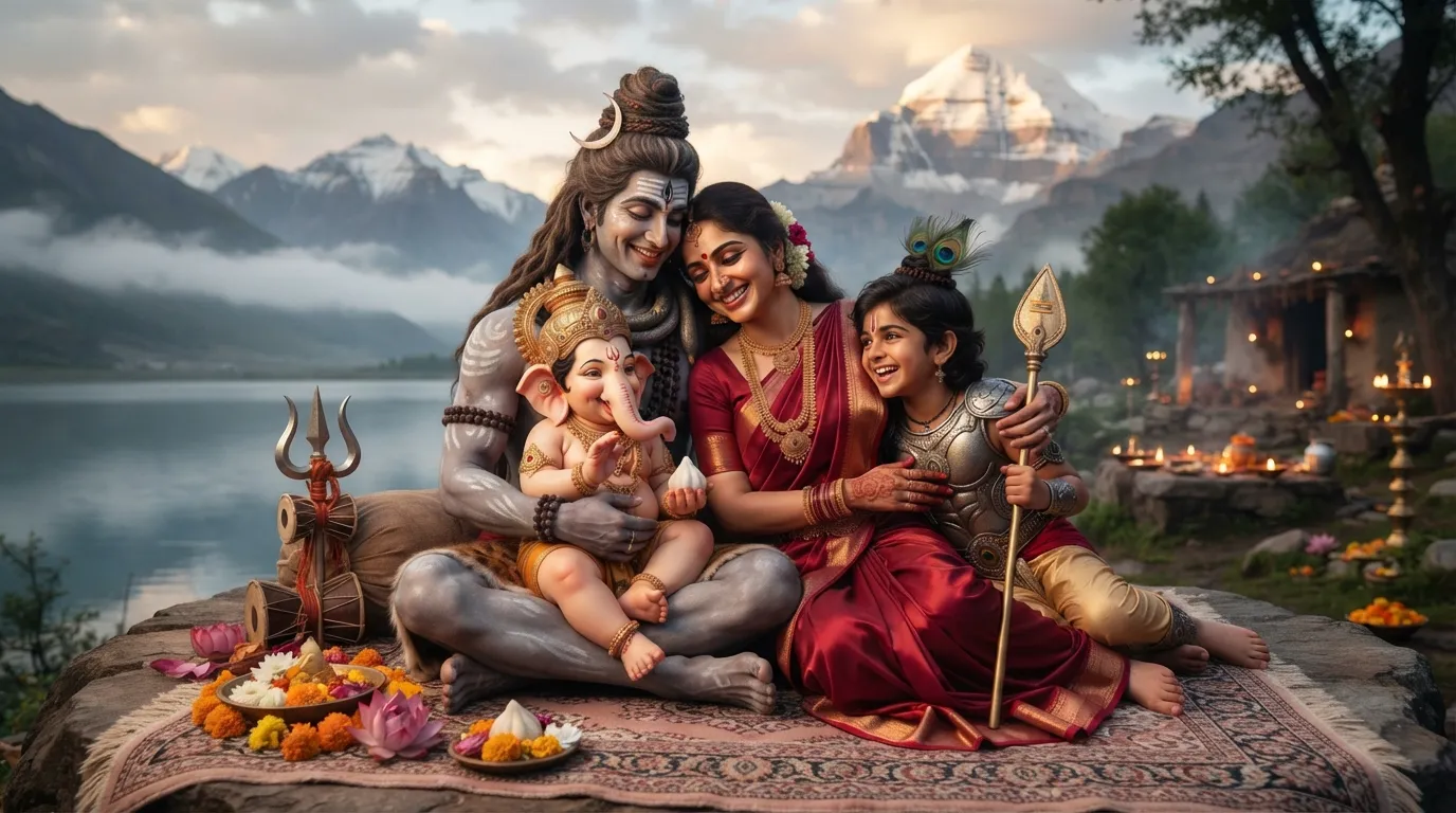 A warm and loving family portrait of Lord Shiva, Goddess Parvati, and Lord Ganesh, depicting their deep bond and mutual support.