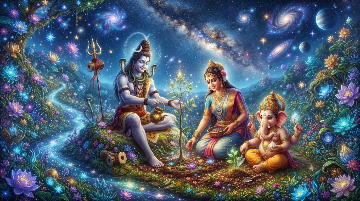 A vibrant and flourishing cosmic garden, where Lord Shiva, Goddess Parvati, and Lord Ganesh reside and nurture the universe.