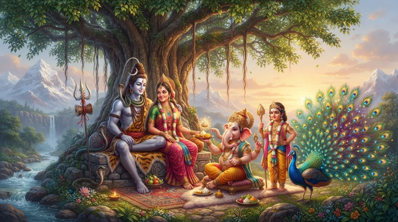 A heartwarming animated image showing Lord Shiva and Goddess Parvati together with their children, the elephant-headed Ganesha and the peacock-riding Kartikeya.