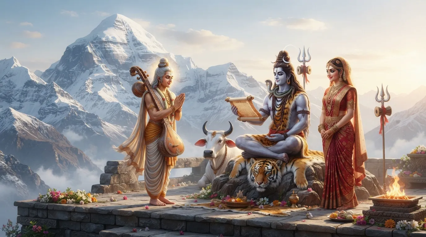 Lord Shiva on Mount Kailash receiving the proposal for marriage to Parvati. HD image.