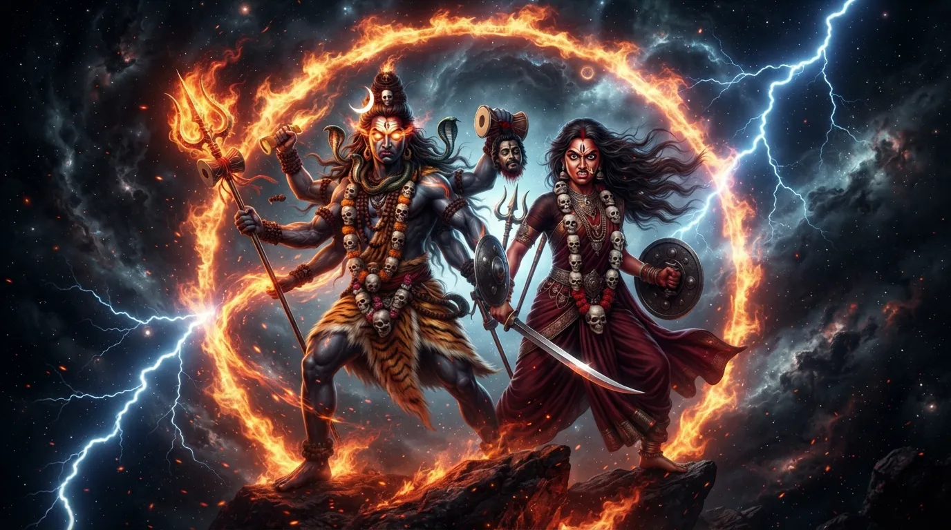A powerful animated image depicting the fierce and protective forms of Lord Shiva as Bhairava and Goddess Parvati as Bhairavi, representing ultimate power.