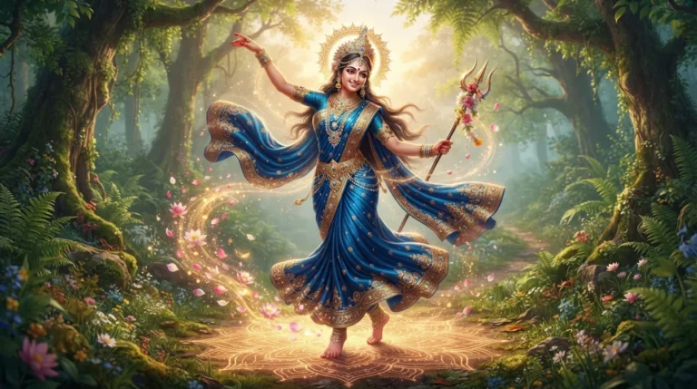 A beautiful animated image focused on Goddess Parvati performing a graceful and joyful cosmic dance, often called the Ananda Tandava, demonstrating her power and beauty.