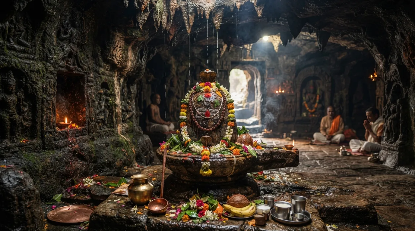 Peaceful photo of a naturally formed stone Shivalinga in a quiet, ancient cave temple with offerings.