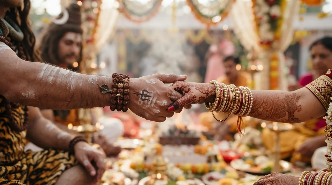 A close-up shot focusing on Lord Shiva gently holding Goddess Parvati's hand during their traditional wedding ceremony.