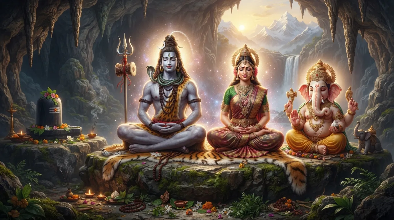 Shiv Parvati and Ganesha photo real, portraying them with eyes closed, lost in deep inner reflection and union.