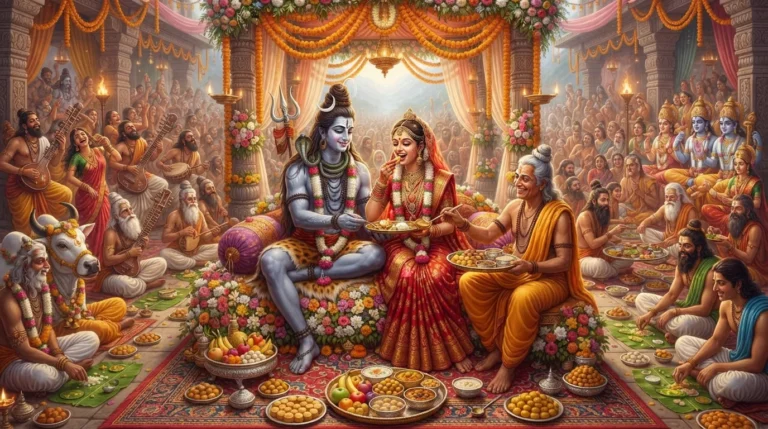 Lord Shiva and Goddess Parvati seated on a ornate throne, enjoying a festive meal with ganas and deities celebrating around them.