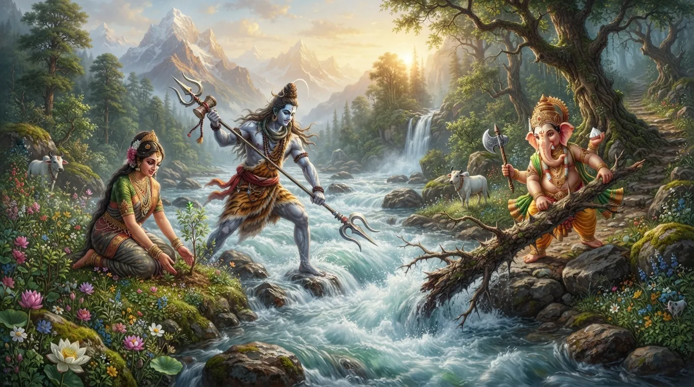 A vibrant and dynamic depiction of Lord Shiva, Goddess Parvati, and Lord Ganesh interacting with the flowing river of life.