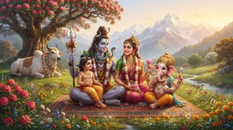 Lord Shiva, Parvati, young Ganesha, and Kartikeya resting in a peaceful mountain meadow.