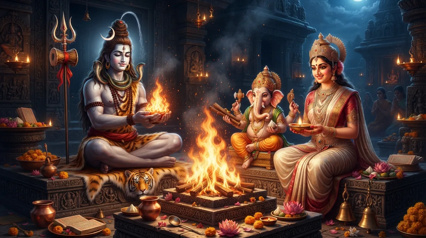 A vibrant and fiery depiction of Lord Shiva, Goddess Parvati, and Lord Ganesh surrounding a sacred fire, symbolizing transformation and purification.
