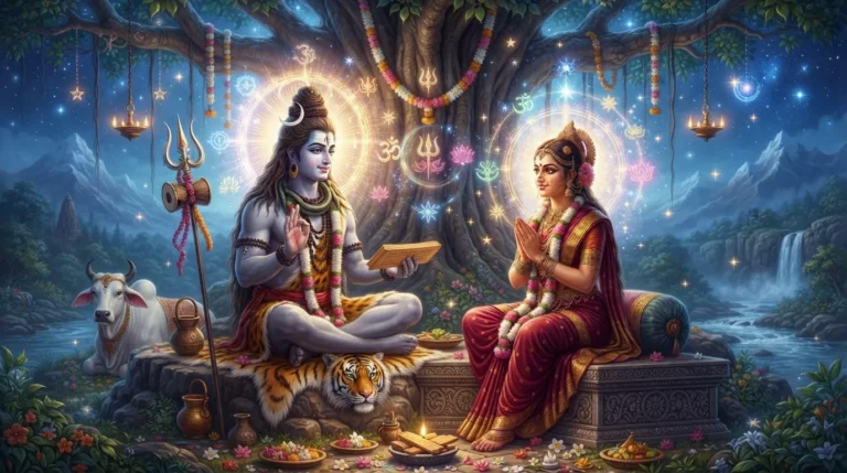 Shiv Parvati wallpaper real, depicting Lord Shiva sharing spiritual knowledge with Goddess Parvati, surrounded by celestial lights.