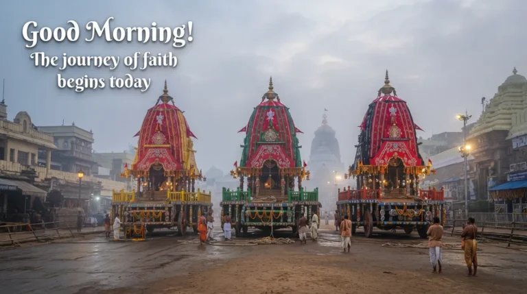 The three grand chariots parked in the morning mist on Bada Danda for Rath Yatra 2026.