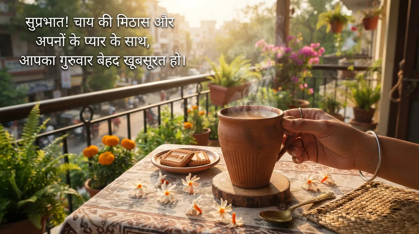 A traditional Indian clay cup of tea (kulhad chai) on a sunny balcony for Thursday morning.