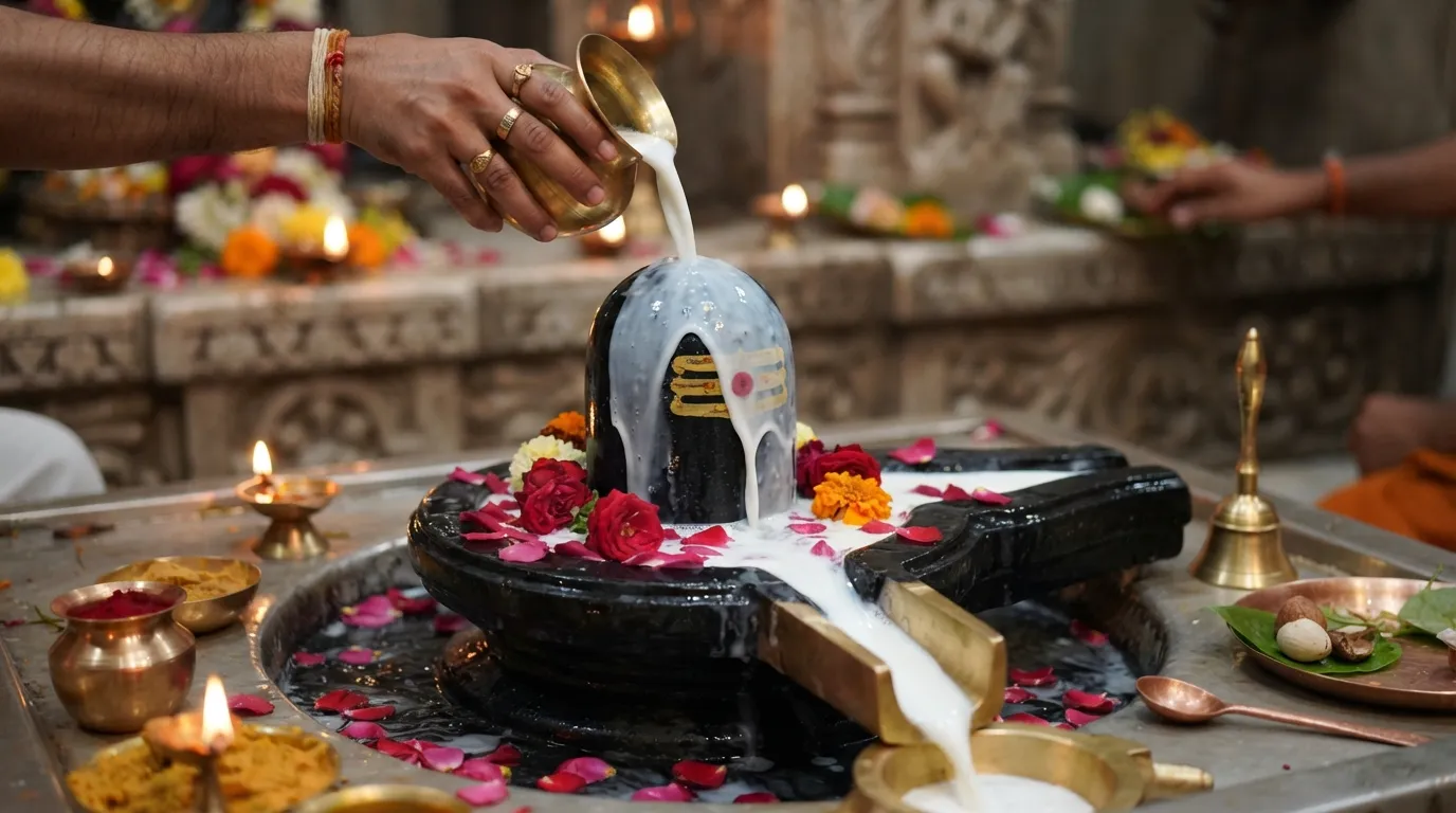 White milk pouring smoothly over a dark stone Shivling during a traditional Hindu puja ritual.