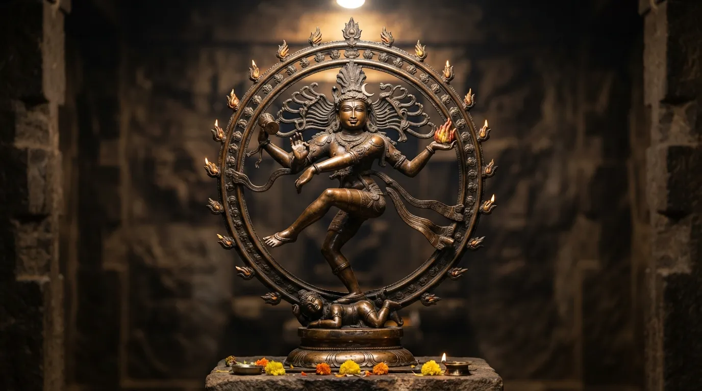 Antique bronze Nataraja statue showing Lord Shiva cosmic dance steps