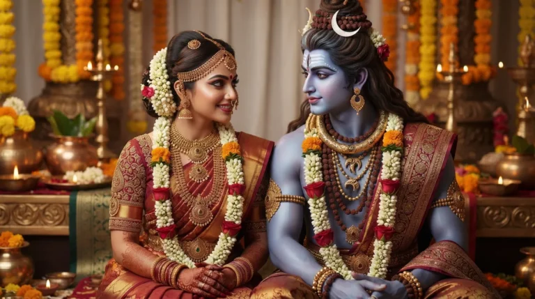 Close-up view of the traditional attire and jewelry worn by Shiva and Parvati during their wedding.