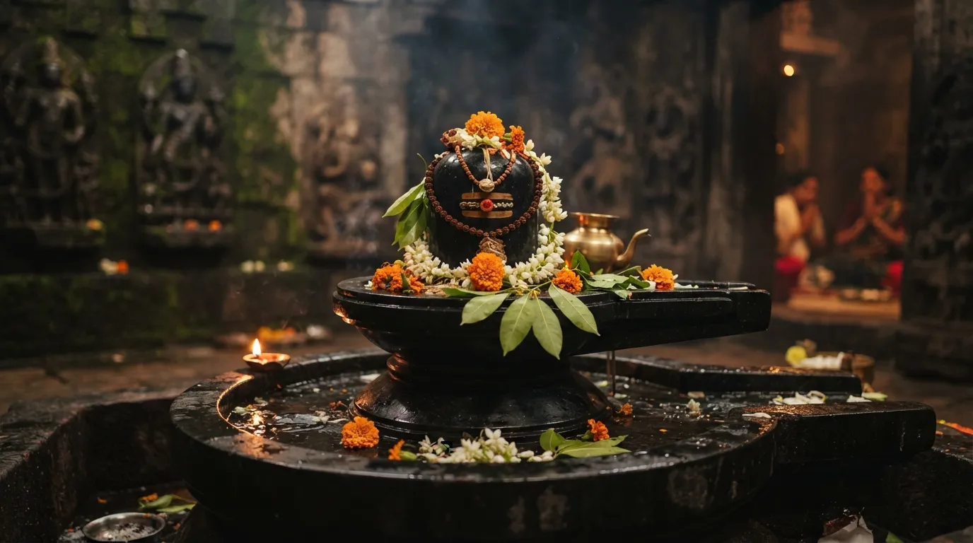 Full HD image of a traditional black stone Shivling decorated with flowers inside a temple sanctum.
