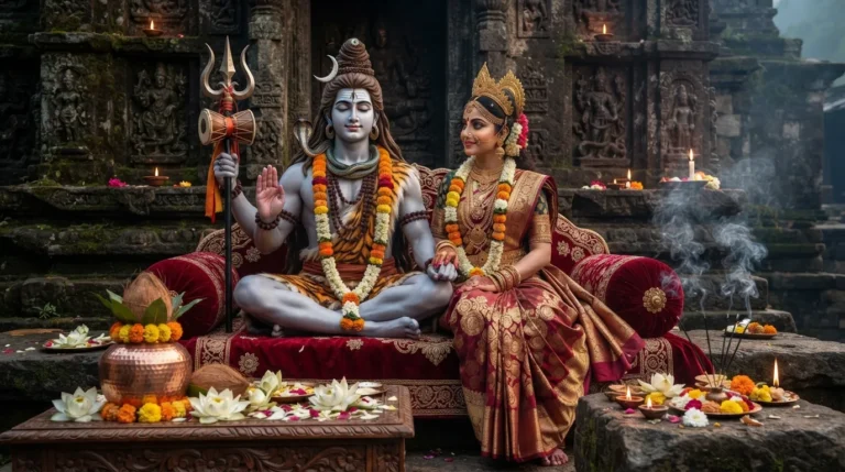 Detailed depiction of a seated Hindu deity couple with traditional ritual items