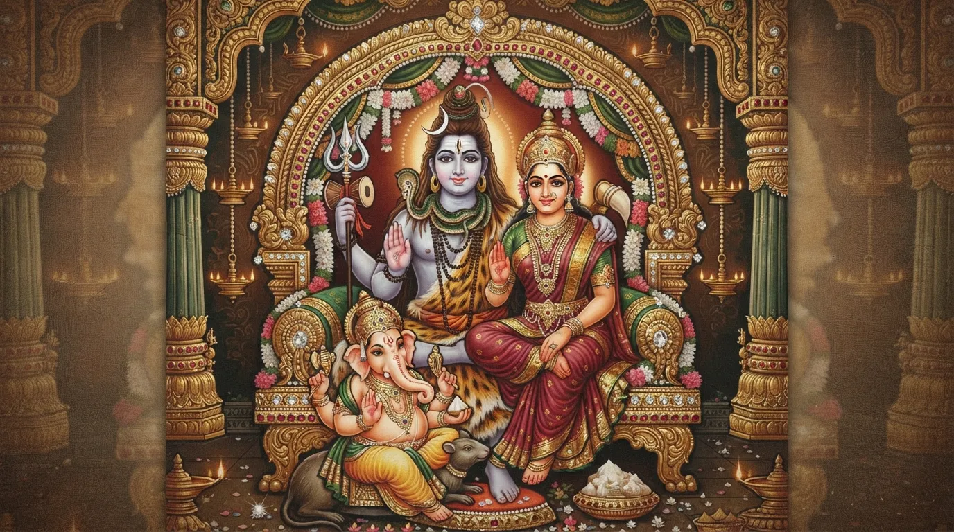 Traditional Tanjore style Shiv Parvati Ganesh full HD photo.