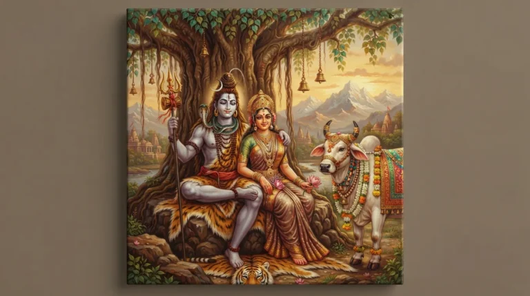 Traditional Indian art portrait of Lord Shiva, Goddess Parvati, and Nandi bull for WhatsApp profile.